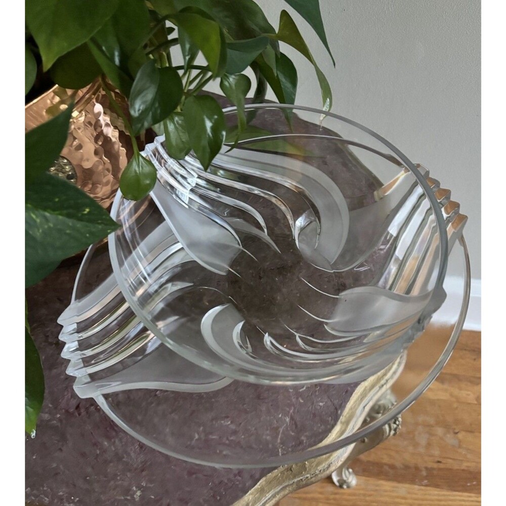 Cristal D’Arques Longchamp Clear Frosted Swirl Bowl & Platter Set France